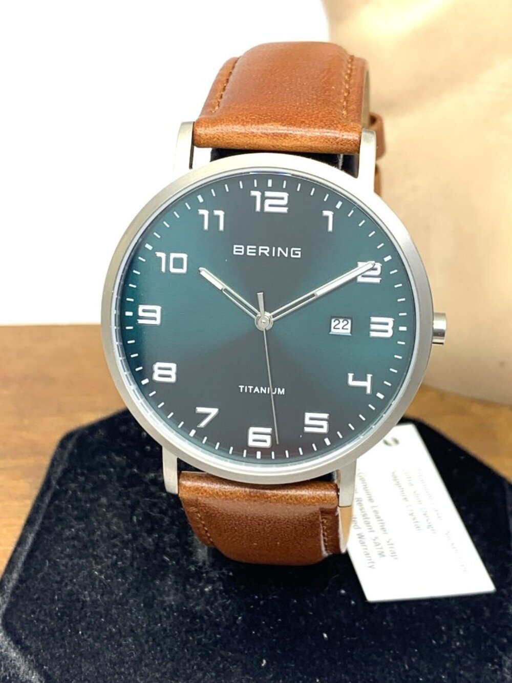 Bering Men's Watch 18640-568 Quartz Green Dial Titanium Case Brown Leather 40mm